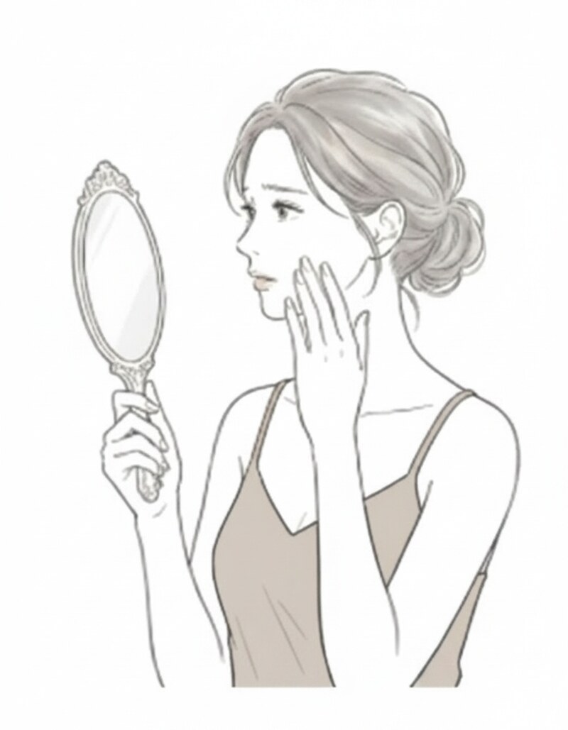 鏡を見ながら肌の乾燥を気にする女性のイラスト｜Auter Original Cream